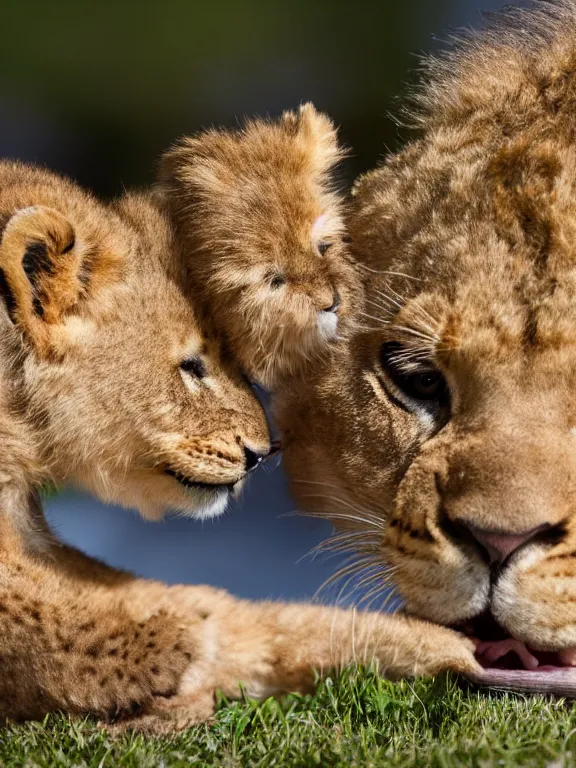 Prompt: 4K HD, high detail photograph, shot with Sigma f/ 4.2 , 250 mm sharp lens, shallow depth of field : (subject= baby lion playing with a baby duck., high detailed light refraction , high level texture render)