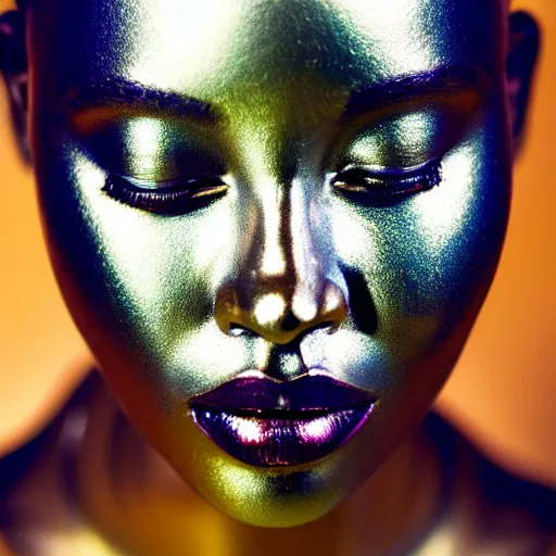 Image similar to portrait of metallic face, african woman, mercury, reflections, smooth texture, liquid metal, proud looking, outdoor, blue sky, 8 k, realistic, depth of field, highly detailed, art photography