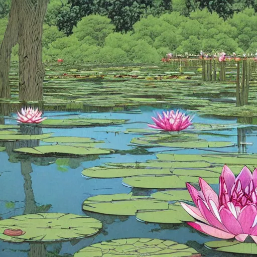 Prompt: a beautiful painting of a waterlily pond by Geof Darrow, Trending on artstation