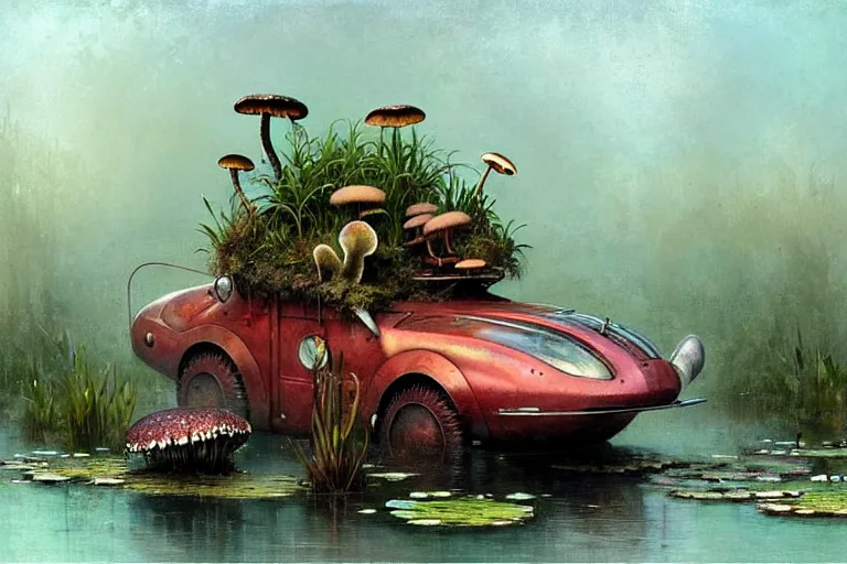 Image similar to adventurer ( ( ( ( ( 1 9 5 0 s retro future robot mouse amphibious vehical home. muted colors. swamp mushrooms. water lilies ) ) ) ) ) by jean baptiste monge!!!!!!!!!!!!!!!!!!!!!!!!! chrome red