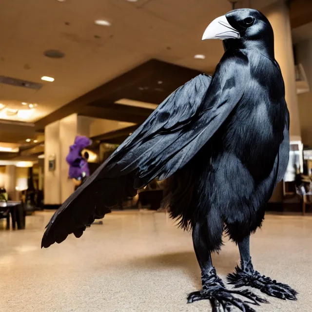 Image similar to a person wearing a fursuit of a crow fursona, fursona, furry convention, hotel lobby, indoors, photograph, furry fandom, photorealistic,