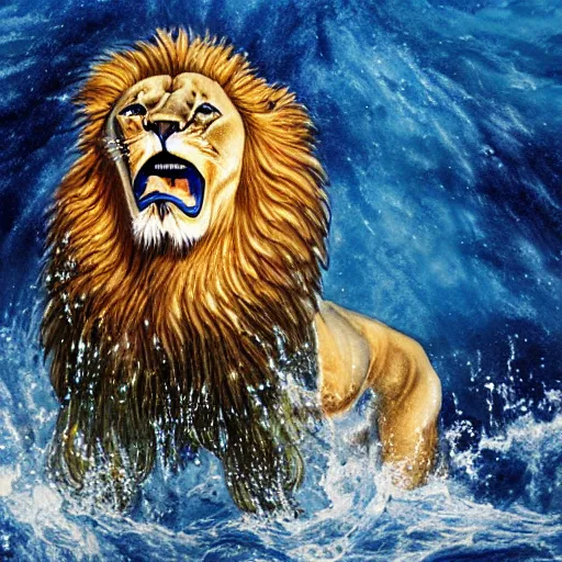 Image similar to a male lion's face breaching through a wall of water, water sprites, splashing, deep blue water color, highly detailed