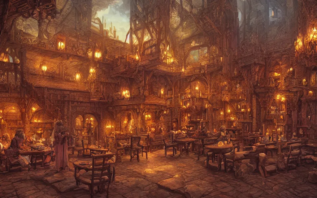 Prompt: A beautiful matte painting of a high fantasy inn interior, intricate, highly detailed, digital painting, illustration, artgram, by Michael Whelan, Clyde Caldwell,Brothers Hildebrandt, thomas kincade, trending on artstation