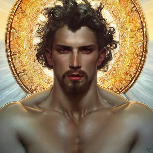 Prompt: portrait of a heavenly god, male, masculine, celestial, full body, muscular, fantasy, intricate, elegant, dramatic lighting, highly detailed, digital painting, artstation, concept art, matte, sharp focus, illustration, art by artgerm and greg rutkowski and alphonse mucha