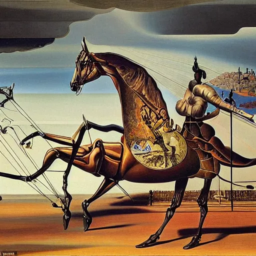 Prompt: an extremely long and spindly mechanical horse in a futuristic victorian city, oil painting, style of salvador dali and richard dadd