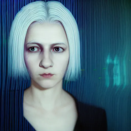 Prompt: blurred and dreamy three quarter angle portrait of a young woman with white hair and black eyes wearing dress suit with tie, playstation 2 horror game, abstract patterns in the background, chungking express color palette, noisy film grain effect, highly detailed, renaissance oil painting, weird portrait angle, blurred lost edges