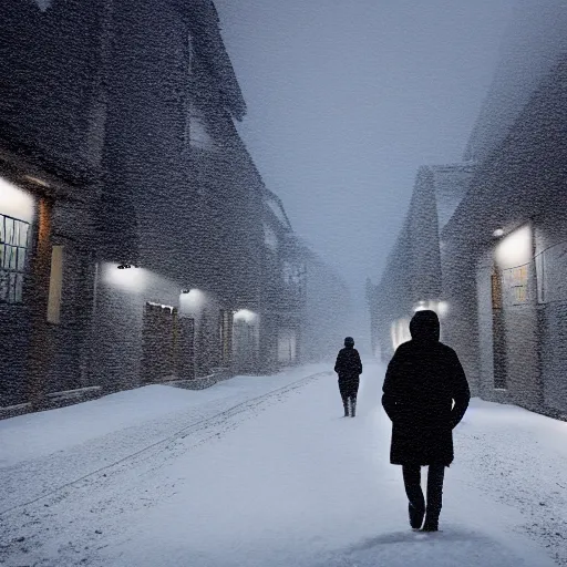 Prompt: a lonely man walking through a snowy street at twilight in the japanese countryside, 4 k, dark overcast weather, realistic illustration, perfectly shaded, dreamy, beautiful