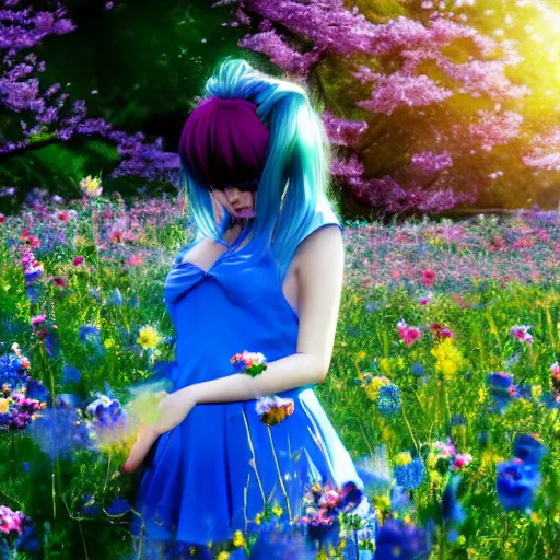 Image similar to Anime girl with cobalt blue hair and a side bun wearing a white sun dress in a scenic field of flowers, trending on pixiv, very very beautiful, 4k