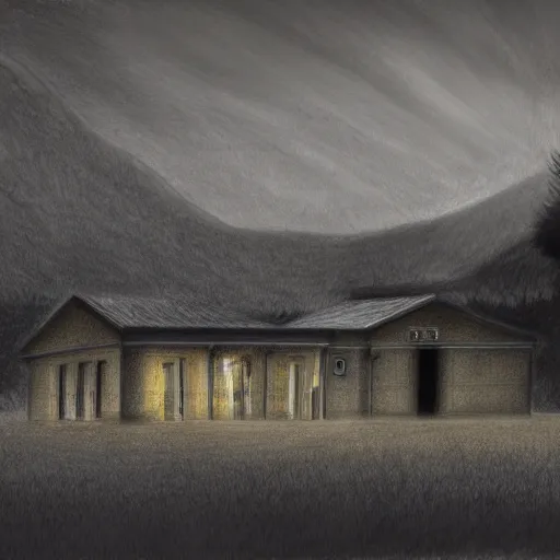 Prompt: drawing of primary school on a hill, sadness, dark ambiance, concept by godfrey blow, featured on deviantart, sots art, lyco art, artwork, photoillustration, poster art