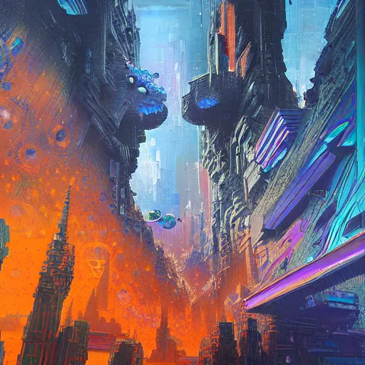 Prompt: Hyperdetailed render of A beautiful painting of Fractal abstract painting of cyberpunk landscape city in blue-purple-orange color scheme in I can\'t believe how detailed this is. by greg rutkowski, Trending on artstation Taro card, cubism brutalism architecture, Lava Canyons, magma burst, little crystals everywhere. Bladerunner 2049 concept art