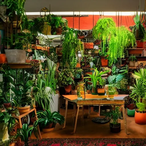 Image similar to a bohemian room with a lot of plants and neon lights, highly detailed, photorealistic