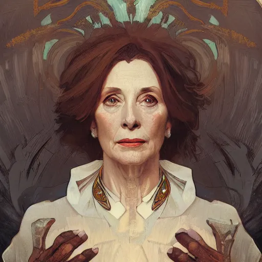 Prompt: A portrait of Nancy Patricia Pelosi by greg rutkowski and alphonse mucha,In style of digital art illustration.Dark Fantasy.darksouls.hyper detailed,smooth, sharp focus,trending on artstation,4k