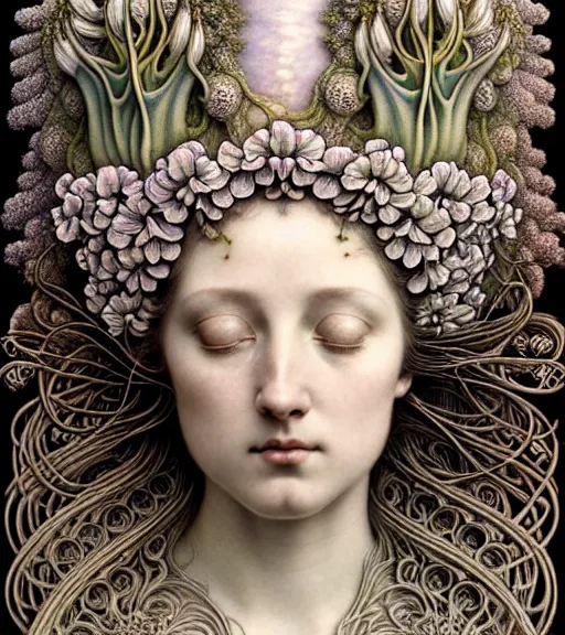 Image similar to beautiful young flower queen detailed realistic porcelain face portrait by jean delville, gustave dore, iris van herpen and marco mazzoni, art forms of nature by ernst haeckel, art nouveau, symbolist, visionary, gothic, neo - gothic, pre - raphaelite, fractal lace, intricate alien botanicals, surreality, hyperdetailed ultrasharp octane render