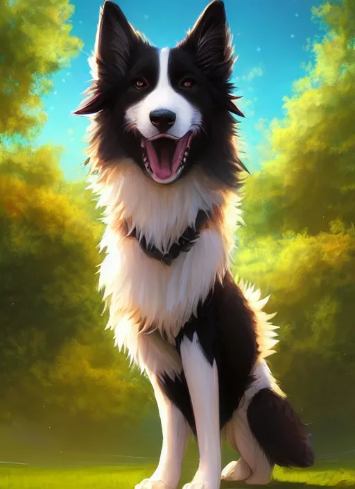 Prompt: wide angle beautiful full body portrait of a cute male anthropomorphic border collie fursona wearing a t - shirt and posing in front of a park, character design by charlie bowater, henry asencio, and ross tran, furry art, furaffinity, scenic background, beautiful, glamor pose, detailed, trending on artstation