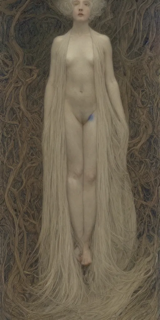 Image similar to Say who is this with silver hair so pale and Wan and thin? in the style of Jean Delville, Lucien Lévy-Dhurmer, Fernand Keller, Fernand Khnopff, oil on canvas, 1896, 4K resolution, aesthetic, mystery