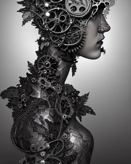 Image similar to monochrome profile portrait painting, dutch masters, silver lace floral steampunk biomechanical beautiful young female cyborg with one techno eye, volumetric light, leaves foliage and stems, hibiscus flowers, sinuous fine roots, fine foliage lace, alexander mcqueen, rim light, big gothic fashion pearl embroidered collar, 8 k