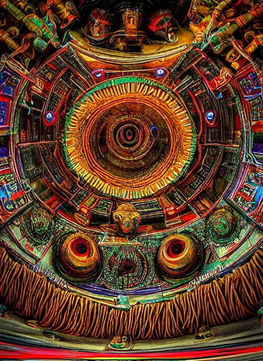 Image similar to breathtakingly beautiful ultrawide angle colour masterpiece weird dream, low angle view from inside a hindu temple, strange beautiful cybertronic temple, cables and tubes, eyes, incredible sense of depth and perspective and clarity, hyperrealism, realistic, symmetry symmetrical, 8 k