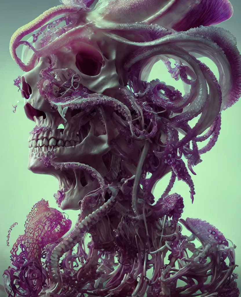 Image similar to goddess close - up portrait human skeleton, ram skull, squid phoenix jellyfish, orchid, betta fish, bioluminiscent, intricate artwork by tooth wu and wlop and beeple. octane render, trending on artstation, greg rutkowski very coherent symmetrical artwork. cinematic, hyper realism, high detail, octane render, 8 k