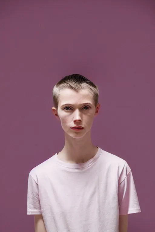 Prompt: a high definition film photograph of a normal androgynous robot human wearing a plain white t - shirt, in a pastel pink room. crushed shadows.