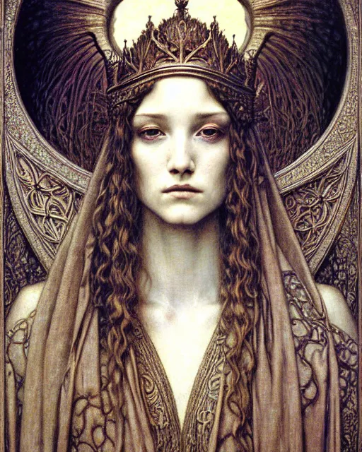 Image similar to detailed realistic beautiful young medieval queen face portrait by jean delville, gustave dore and marco mazzoni, art nouveau, symbolist, visionary, gothic, pre - raphaelite. horizontal symmetry