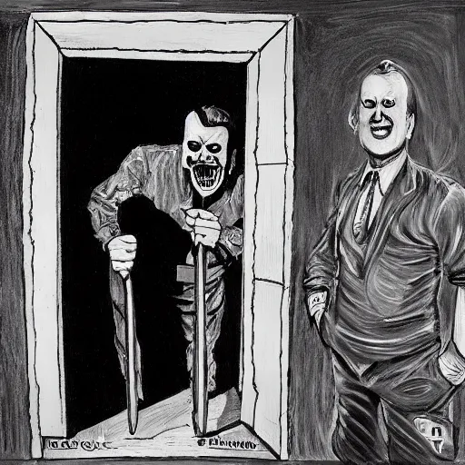 Image similar to Ted Cruz with a wide grin wielding a bloody hatchet peaking through a door in the distance at the end of a narrow corridor, black and white, creepy lighting, scary, horror, ornate, eerie, fear, oil painting