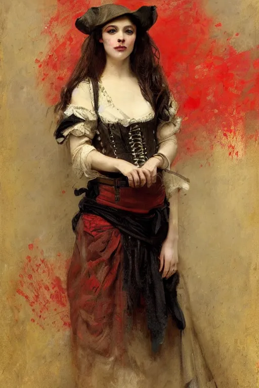 Image similar to Solomon Joseph Solomon and Richard Schmid and Jeremy Lipking victorian genre painting full length portrait painting of a young beautiful woman traditional german french pirate wench in fantasy costume, red background