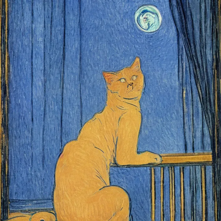 Image similar to sad woman and white cat with city with gothic cathedral and tall trees seen from a window frame with curtains. dark indigo blue, turquoise, gold, earth brown. night with glowing stars. delville jean, henri de toulouse - lautrec, utamaro, matisse, monet