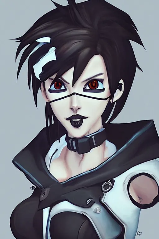 Image similar to “ digital drawing of tracer from overwatch in 3 d style, wearing black lipstick and black eyeliner, goth outfit, black hair, 4 k, detailed face, smirky expression ”