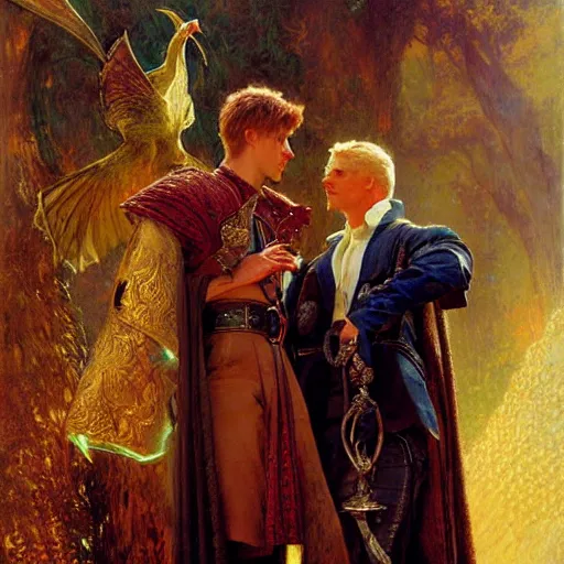 Image similar to attractive arthur pendragon with attractive male merlin the mage. they are in love. highly detailed painting by gaston bussiere, craig mullins, j. c. leyendecker