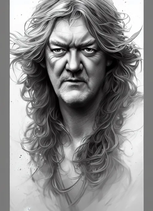 Image similar to portrait of james may, d & d, muscular, long grey hair, fantasy, intricate, elegant, highly detailed, digital painting, artstation, concept art, smooth, sharp focus, illustration, art by artgerm and greg rutkowski and alphonse mucha