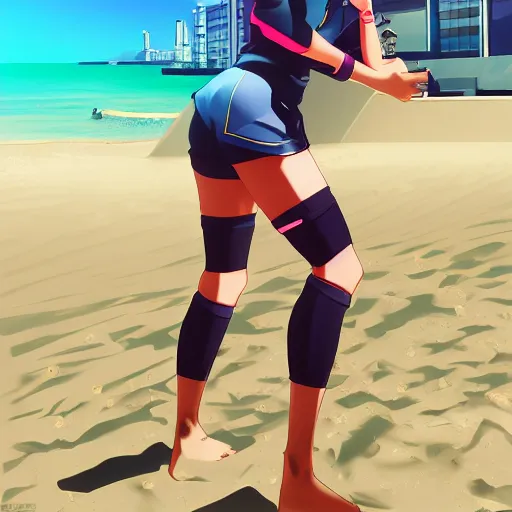 Prompt: anime style, realistic lighting, realistic anatomy, solid colors, made by ilya kuvshinov and ufotable, safebooru, from overwatch, portrait of female beach volley player, standing pose, futuristic glasses lenses, sport clothing, simple background, backlit