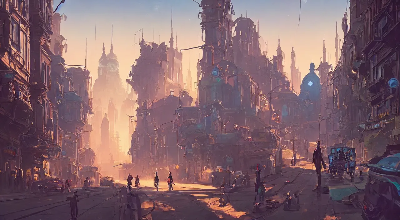 Prompt: a street level painting towards the horizon with high detail, sci - fi colorful victorian city with a victorian astronaut in the foreground at golden hour with sharp shadows by tyler edlin and sparth, wide angle lens, 4 k, vray, art nouveau influences. roger deakins, cinematic cinematography.