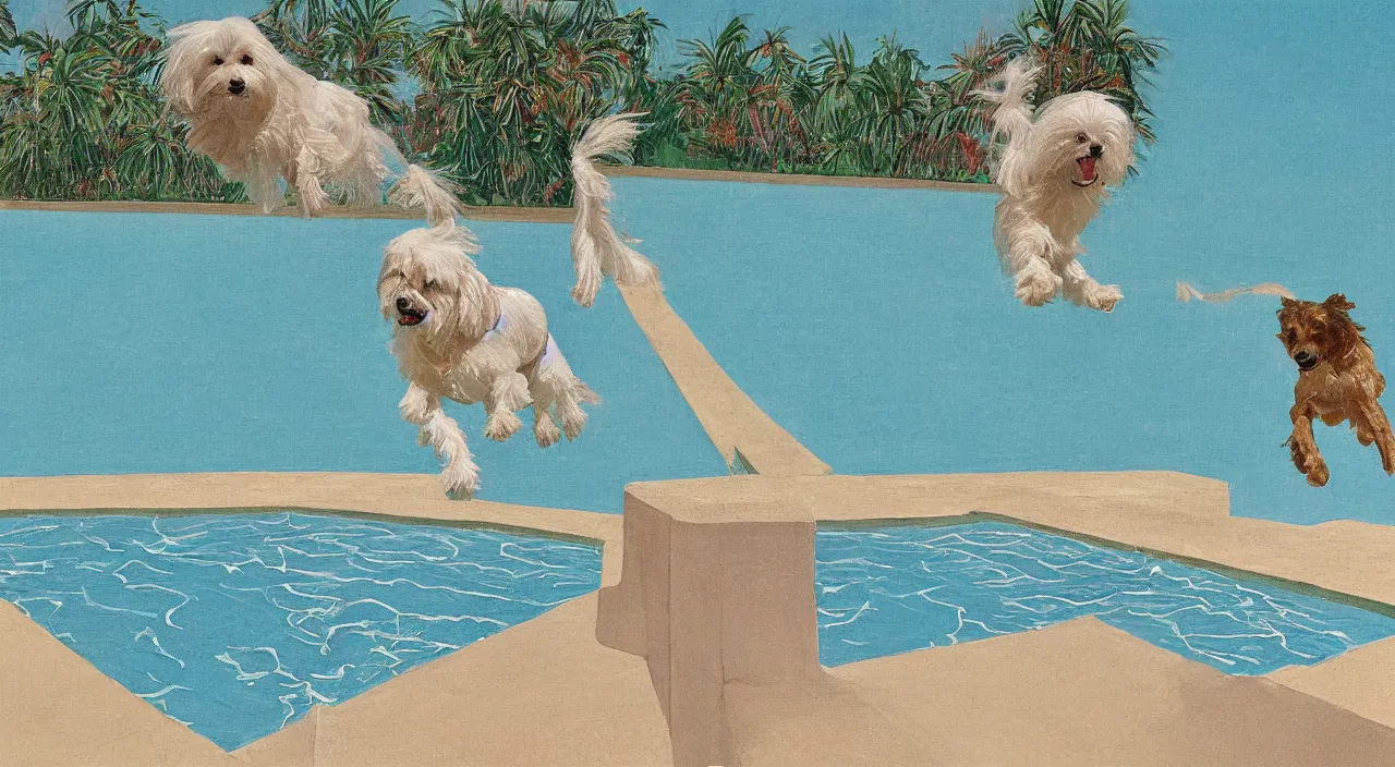 Image similar to medium shot of one cream colored havanese dog jumping from a diving board at a pool at a mid century modern house in palm springs by david hockney