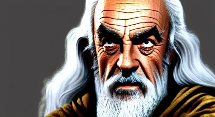 Image similar to sean connery playing gandalf in lord of the rings ( 2 0 0 1 ), award winning character art, by various concept artists, hyperrealistic face, photorealistic render