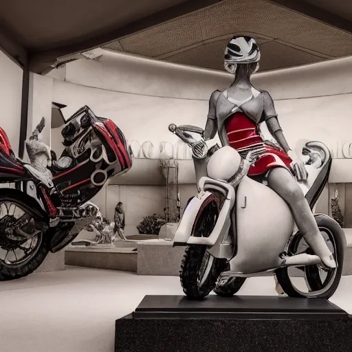 Image similar to a hyper detailed realistic cinematic lit scene in the guggenheim museum of a white armless marble statue of a woman, with a motorcycle in background with motocross colors and corporate logos in the style of virgil abloh, offwhite, louis vuitton, denoise, vogue, brooklyn museum, catalog