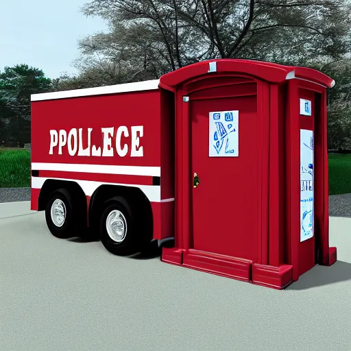 Image similar to a porta potty police car, photo realistic, award winning photography