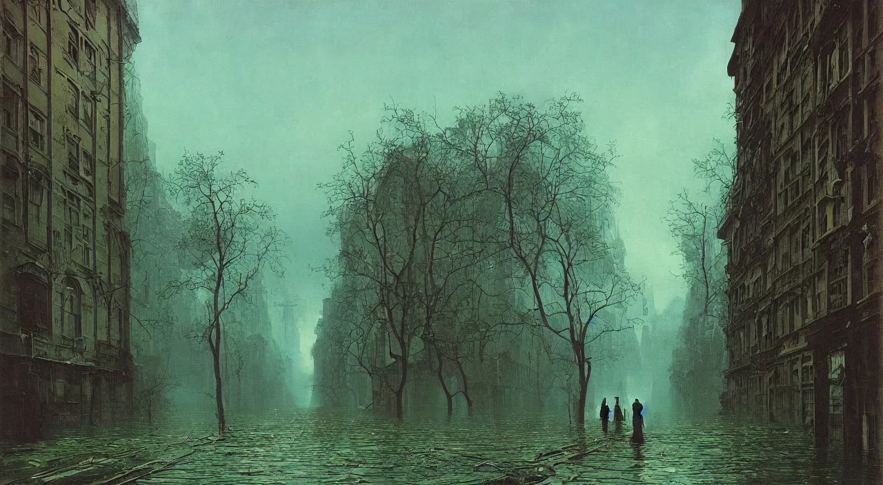 Prompt: a high contrast! painting of an old flooded empty street by bruce pennington carl spitzweg rene magritte, full - length view, psychedelic, surreal, distorted, vivid colors, symmetry, great composition, high detail, cinematic lighting, masterpiece