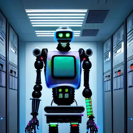 Image similar to colour brutal caravaggio style photography of highly detailed aesthetic robot wearing sci - fi system administrator uniform designed by ian mcque and working in detailed sci - fi data centre designed by josan gonzalez, many details, volumetric dramatic natural light in style of josan gonzalez and mike winkelmann and andgreg rutkowski and alphonse muchaand