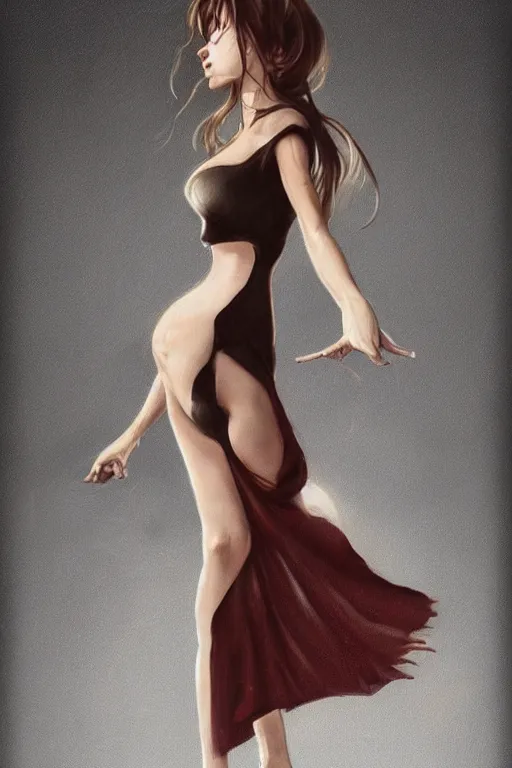 Prompt: full length portrait of very very very very very beautiful brunette female with amazing figure wearing tight night ’ s club dress and in white simple sneakers doing model posing, d & d, fantasy, portrait, highly detailed, headshot, digital painting, trending on artstation, concept art, sharp focus, illustration, art by artgerm and greg rutkowski and magali villeneuve