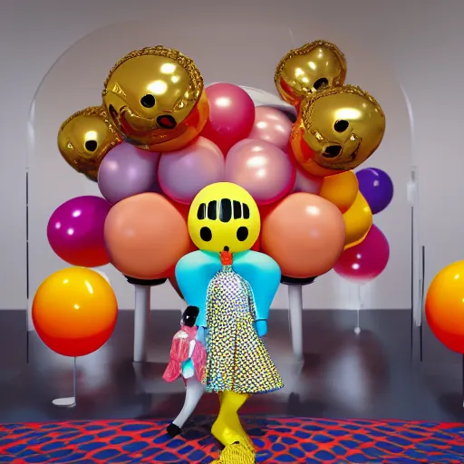 Image similar to yayoi kusama locked in an infiniti room cosplay jeff koons ballon dog, nendroid, art by wgreg rutkowski. during golden hour. extremely reflective.