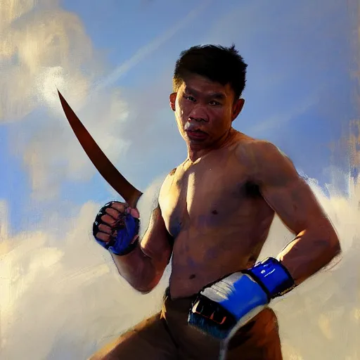 Image similar to greg manchess portrait of a filipino mma fighter charging with a sword, organic painting, sunny day, matte painting, bold shapes, hard edges, street art, trending on artstation, by huang guangjian, gil elvgren, ruan jia, randy vargas, greg rutkowski