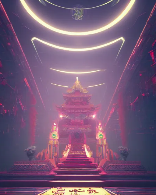 Prompt: buddhist cyber punk temple in the style of andree wallin, vitaly bulgarov, ambient lighting, unreal engine 5, neon light