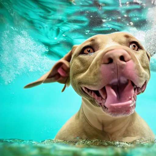 Prompt: light brown pitbull swimming underwater with fishbowl over head, smiling,