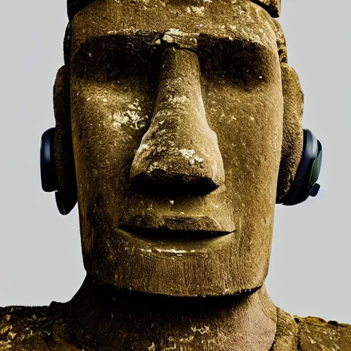 Image similar to a high detail photo of a moai wearing headphones, subject: moai, subject detail: wearing headphones