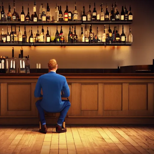 Prompt: a man sitting in a bar about to make a fundamental decision for his life, he is uncertain, but he knows he would rather have remorse than regret, 3d render