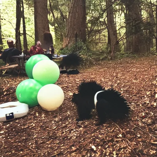 Prompt: photo of skunk birthday party in the woods at night