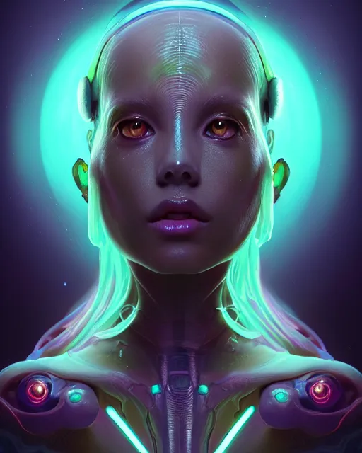 Image similar to one singular portrait of a cute bioluminescent alien queen, highly detailed, digital painting, moody cinematic lighting, hyperrealism, dark retrowave, art by stanley lau and artgerm and magali villeneuve and alphonse mucha, artstation, octane render, cgsociety