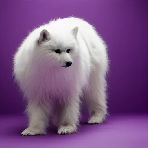 Image similar to A photo of a white fur monster standing in a purple room