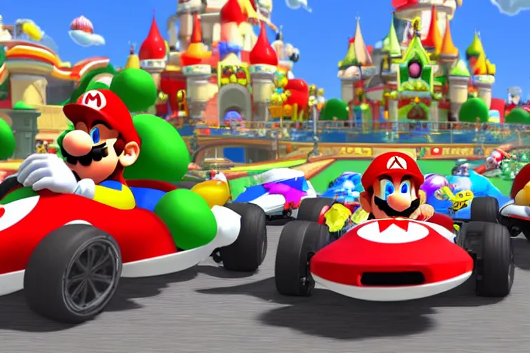 Prompt: mario kart in tiannmen square, ingame screenshot, highly detailed