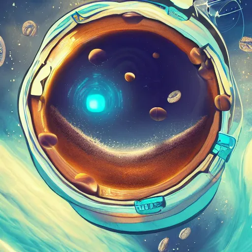 Image similar to an astronaut floating in hyper space, surrounded by floating coffee beans and fluid coffee, realistic digital art, 4k, art station, high quality